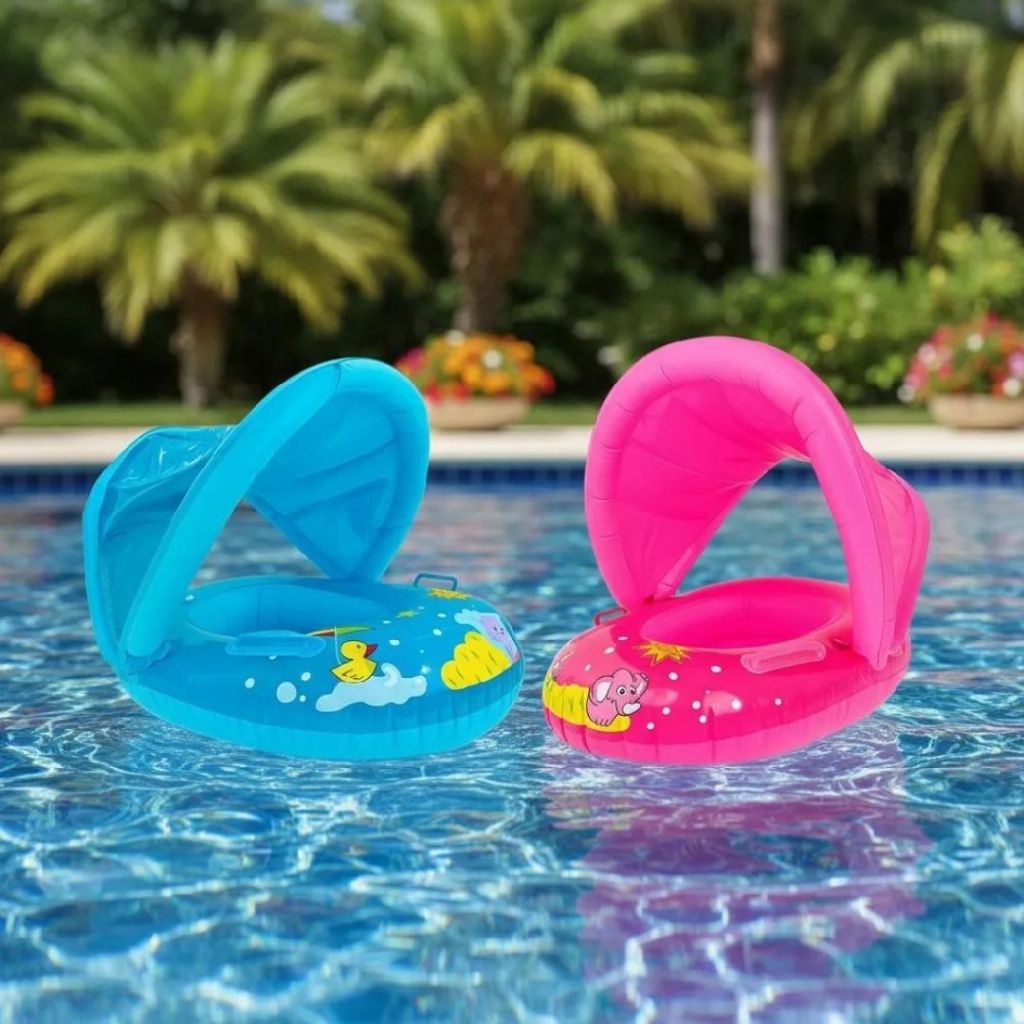 Boia Infantil Bote Com Cobertura Proteção Solar Piscina Praia Assento Fralda Inflável Para Bebê
