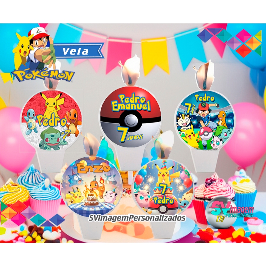 Festa Pokemon Vela de aniversário personalizada para Decorar Bolo com a turma a pokebola ou picachu
