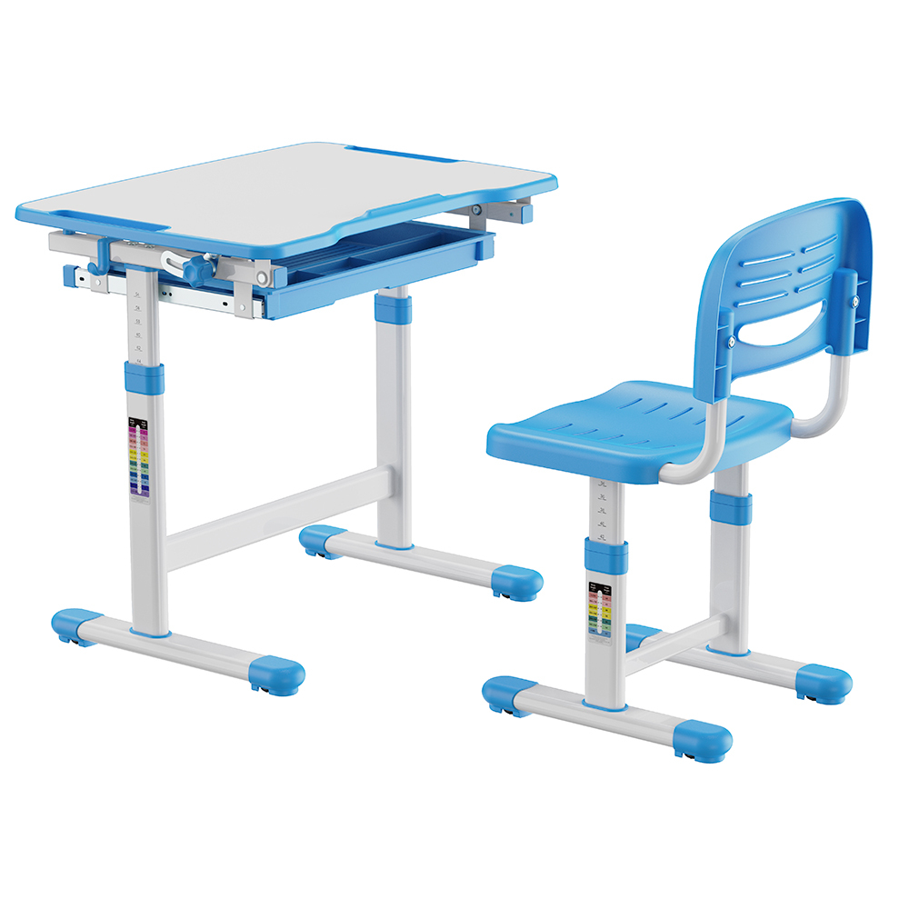 Mesa e Cadeira Infantil Carteira Didática para Estudos Desenho com Regulagem de Altura Ergonomica B207-BLUE Azul