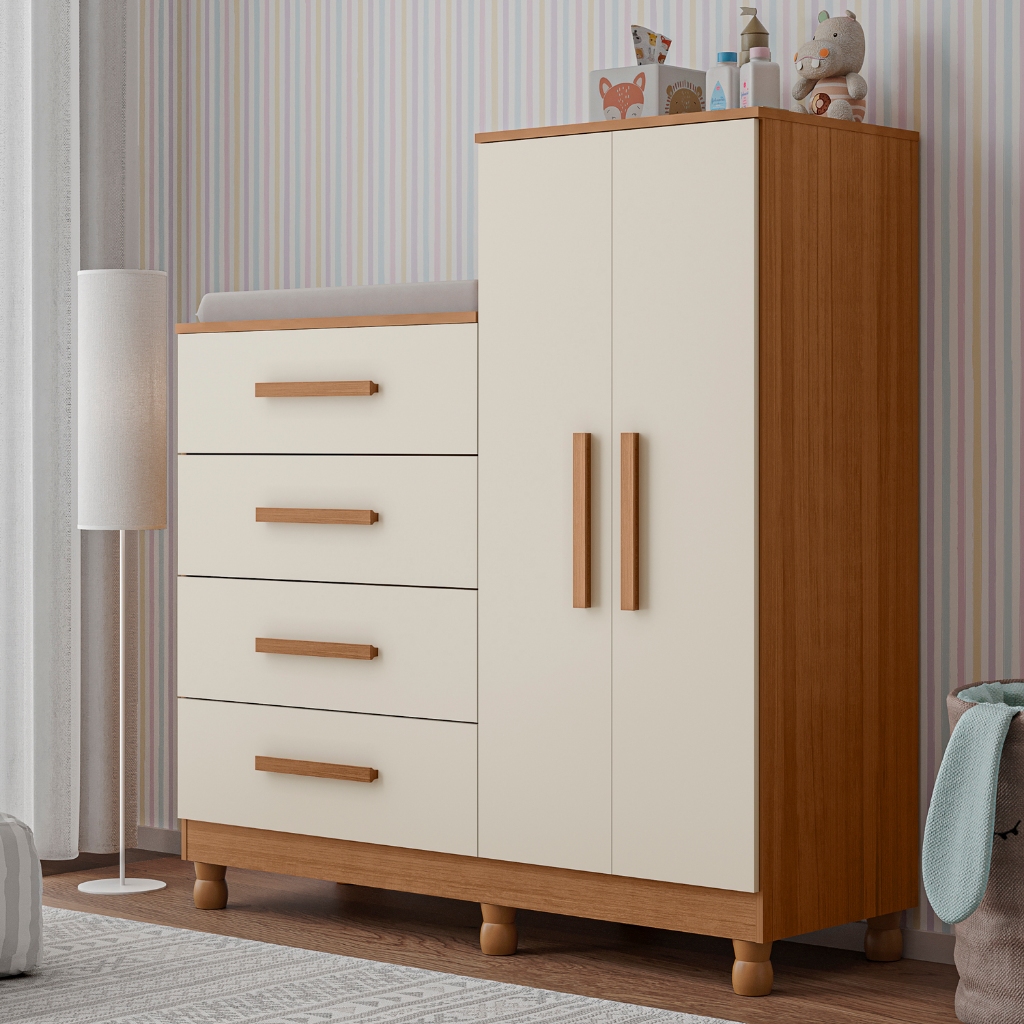 Cômoda Roupeiro Infantil 4 Gavetas com Porta e Cabideiro Bebê Multifuncional Branco