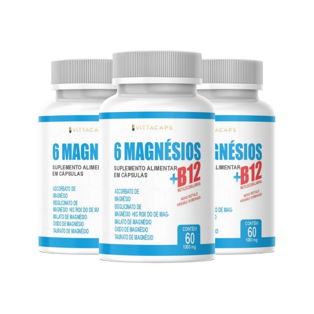 6 MAGNÉSIOS + VITAMINA B12 METILCOBALAMINA-AGORA EM 1 SÓ! POTE COM 180 CAPSULAS