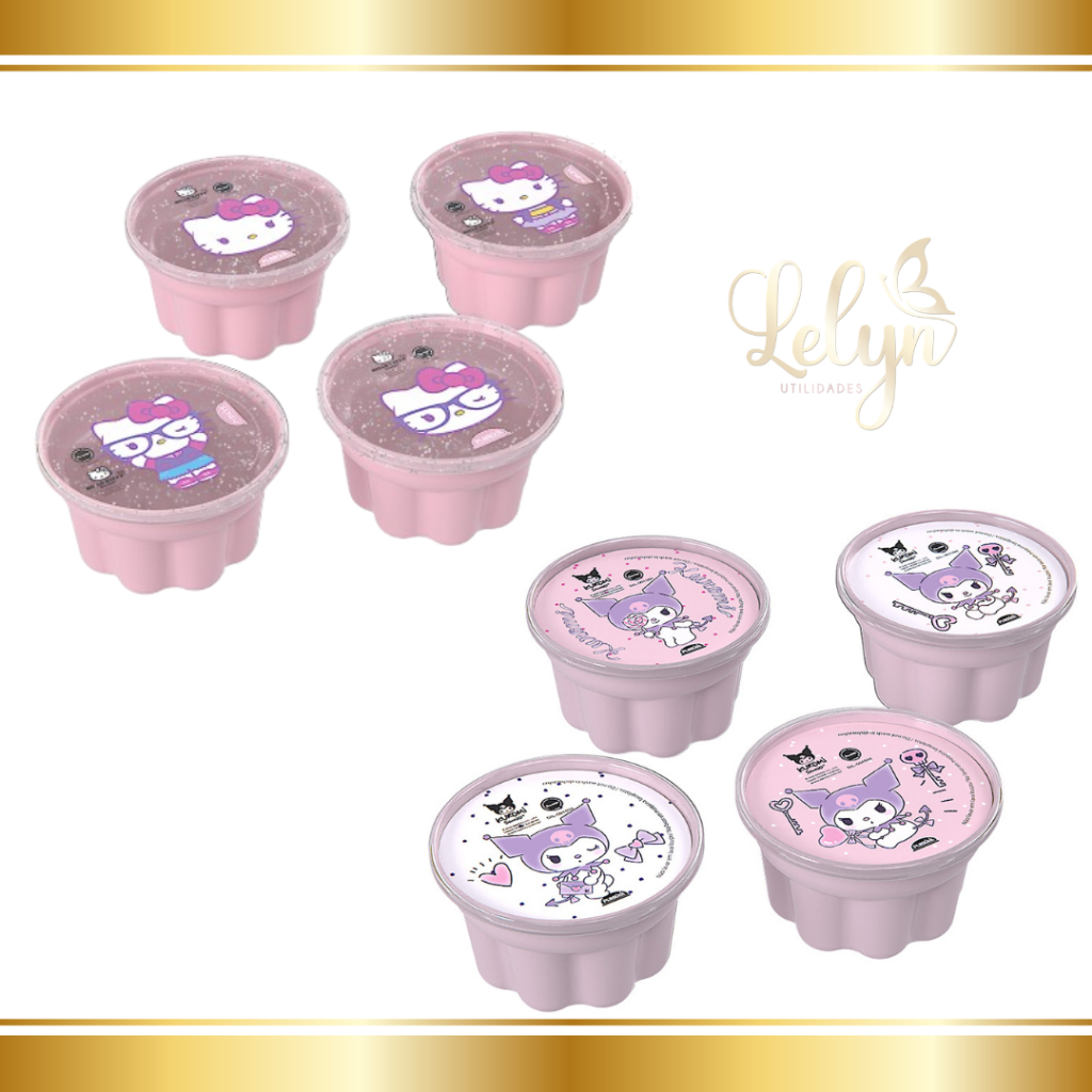 Kit 4 potes Forma de Gelatina e Sobremesa Hello Kitty e Kuromi 150ml