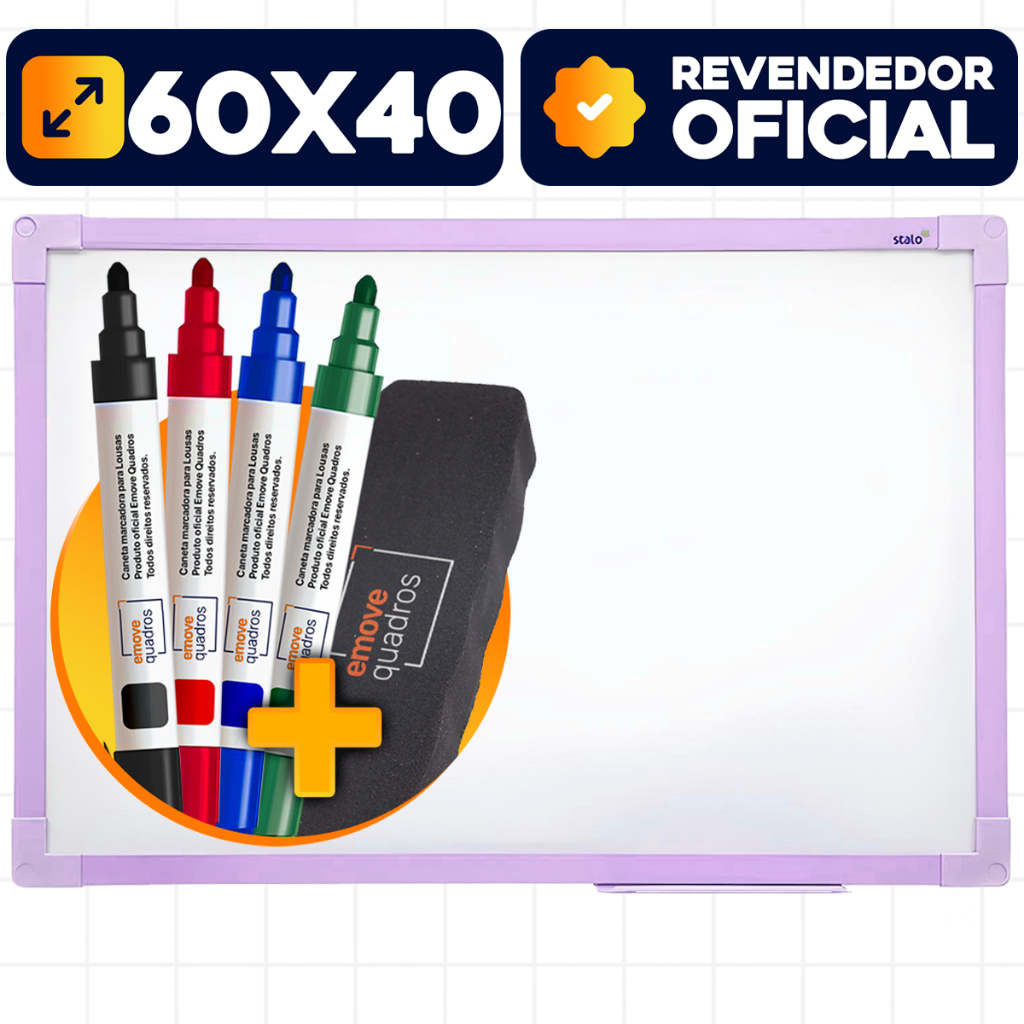 Lousa Quadro Branco 60x40cm Soft Lilas + 4 Canetas e Apagador em Oferta na Shopee