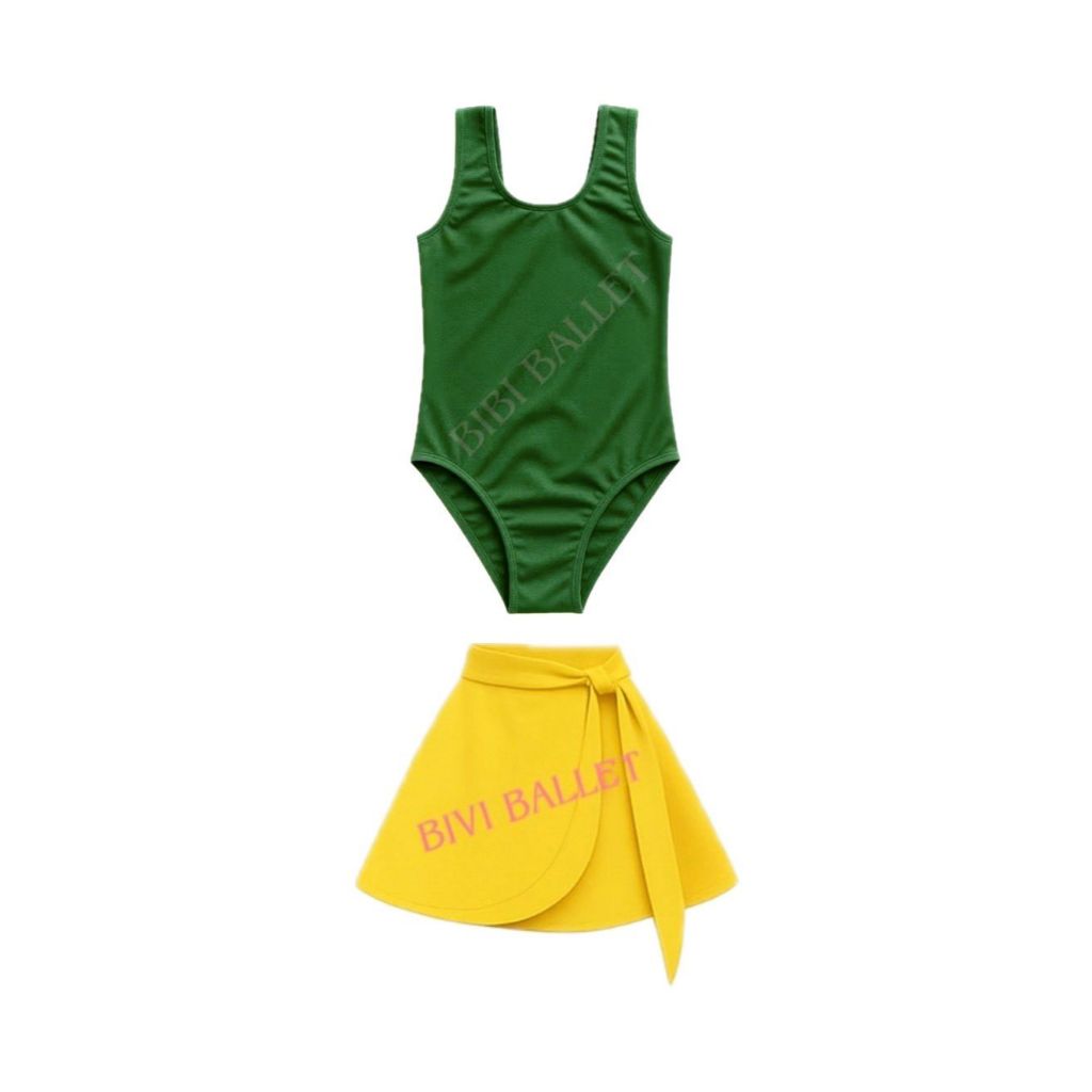 Kit 2 itens PARA COPA / Collant regata VERDE BANDEIRA + Saia AMARELA Transpassada - infantil & Julvenil