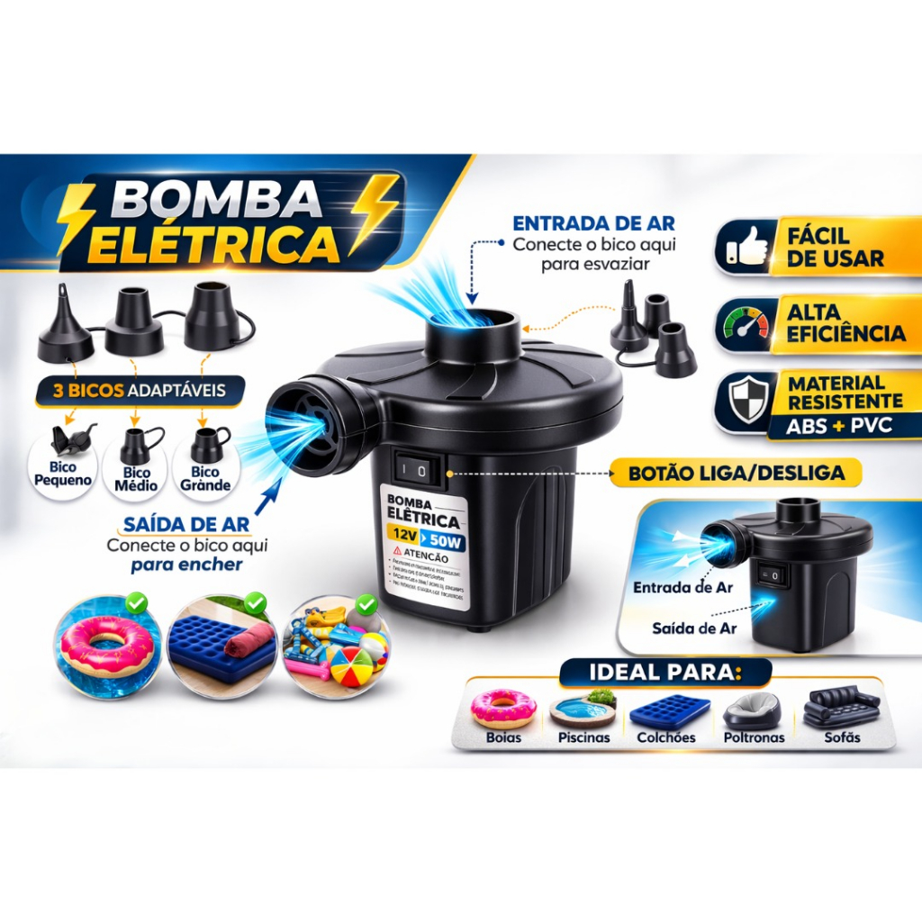 Bomba De Ar Elétrica Bivolt Encher Colchão Boia Piscina Bomba Pneumática Inflador Com Bicos em Oferta na Shopee
