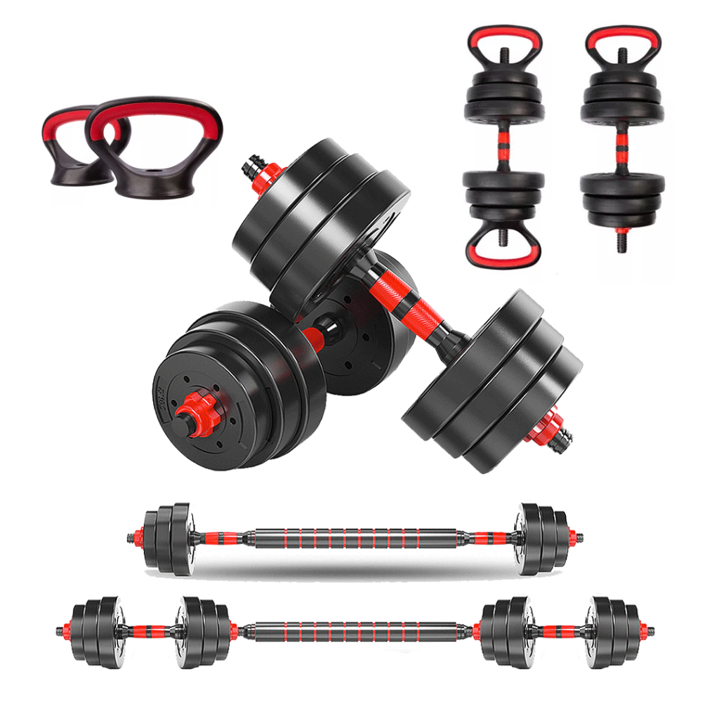 Kit Vermelho Halteres Aço Emborrachado 30kg Kettlebell Barra