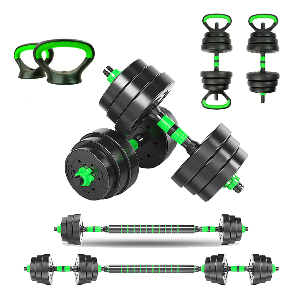 Kit Halteres Aço Emborrachado 30kg Kettlebell Barra Verde