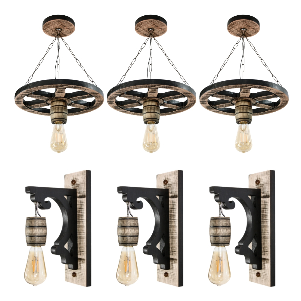 Kit 6 Luminárias Pendente Roda de Carroça e Luminárias Arandela Retrô Para Decoração - Rústico