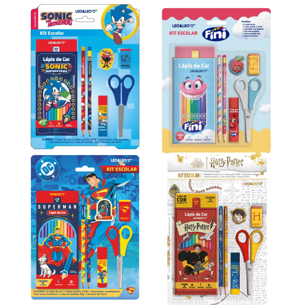 Lapis de Cor Kit Material Escolar Leo & Leo 7 Peças e 4 Peças Personagens - Infantil