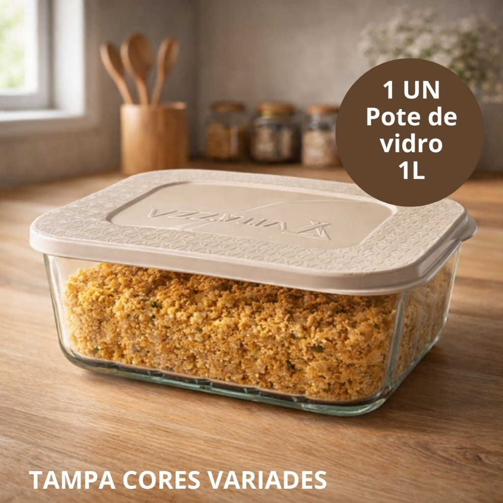 Pote Tigela de vidro Retangular 1Litro Tampa Plastica Marmita