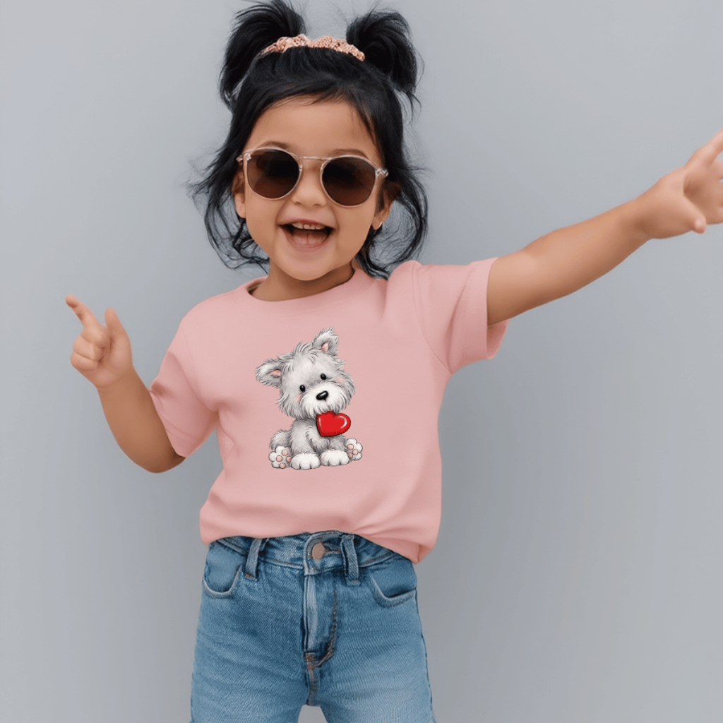 Camiseta Infantil Estampada Criança 100% Básica Manga Curta Unissex Masculina e Feminino Básica Cachorro Coração