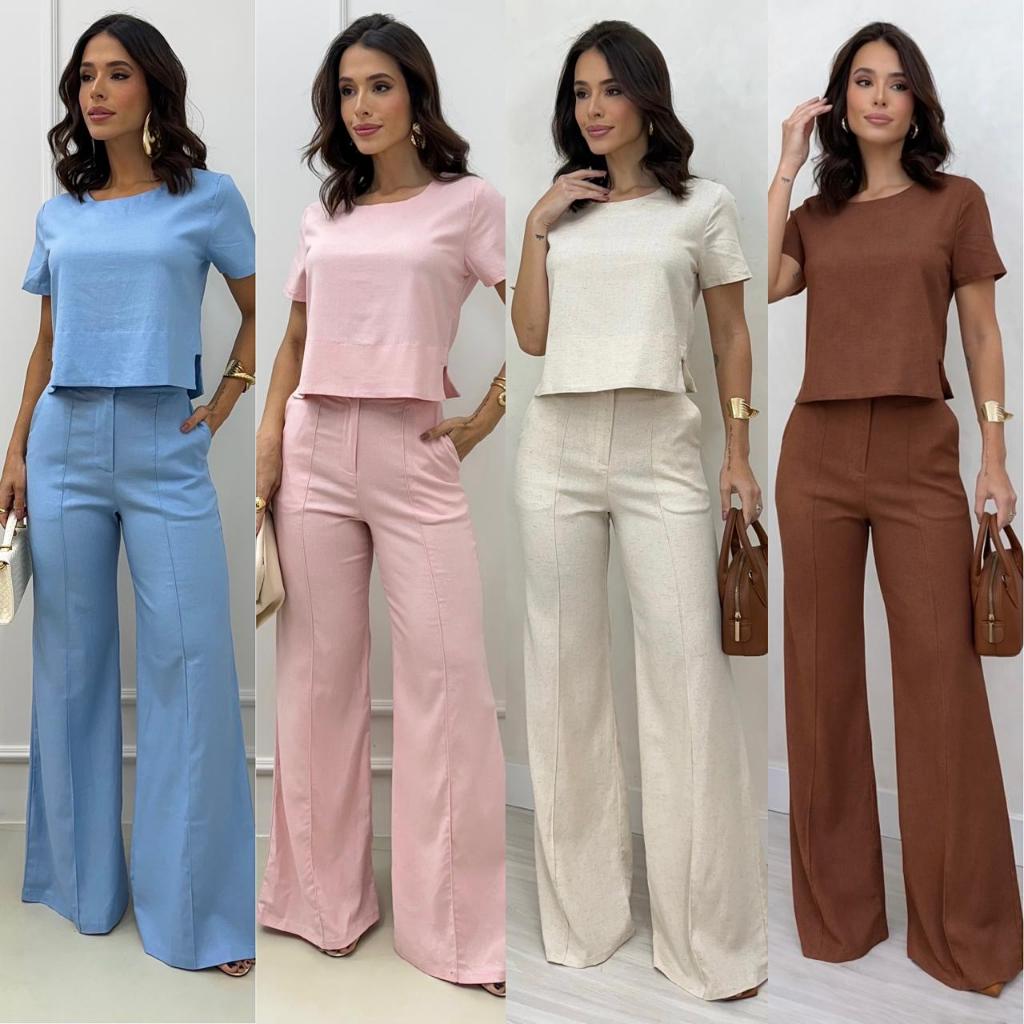 CONJUNTO FEMININO ALFAITARIA CLASSICO - BLUSA MANGA CURTA + CALÇA PANTALONA em Oferta na Shopee