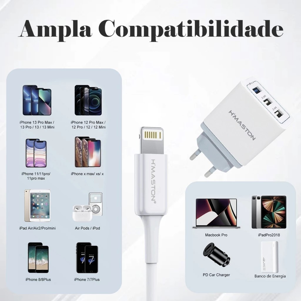 H'maston H62 Fonte Carregador 2EM1 Turbo Celular ABC+PC Original QC3.0 e 3Usb 8.1A Com Cabo Para  Lighting