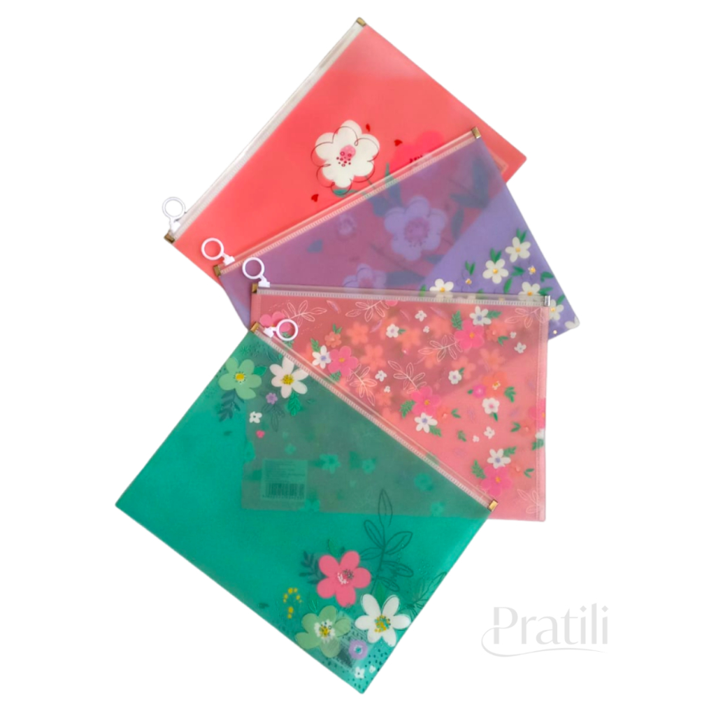 Pasta Zip Porta Documentos A4 Flores com Glitter