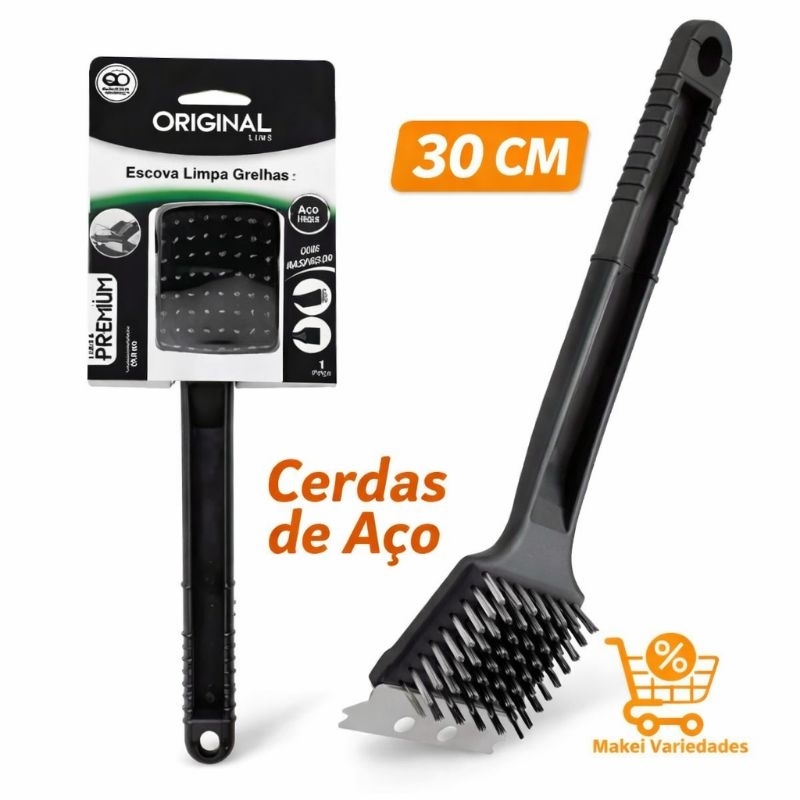 Escova para Grelha e churrasqueira - Cerdas de Aço 30cm, com raspador–Remove Gordura Pesada