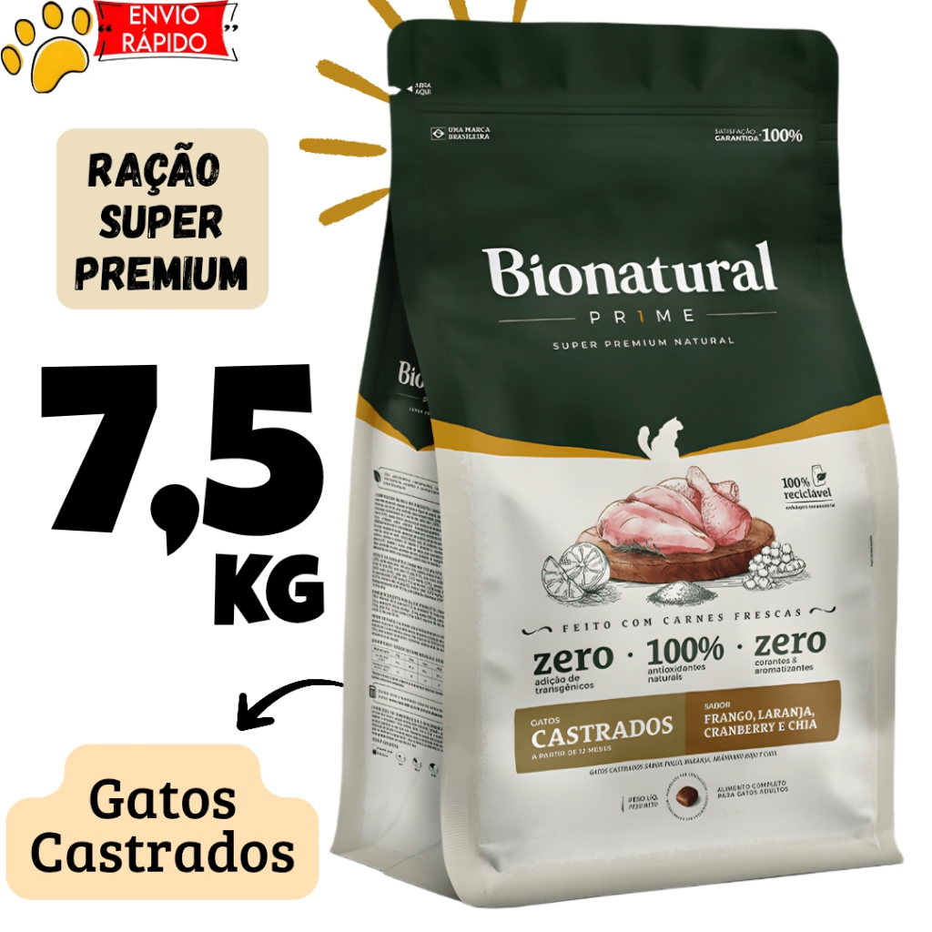 Ração Gato Castrado 7,5kg Bionatural Super Premium Sabor Frango em Oferta na Shopee