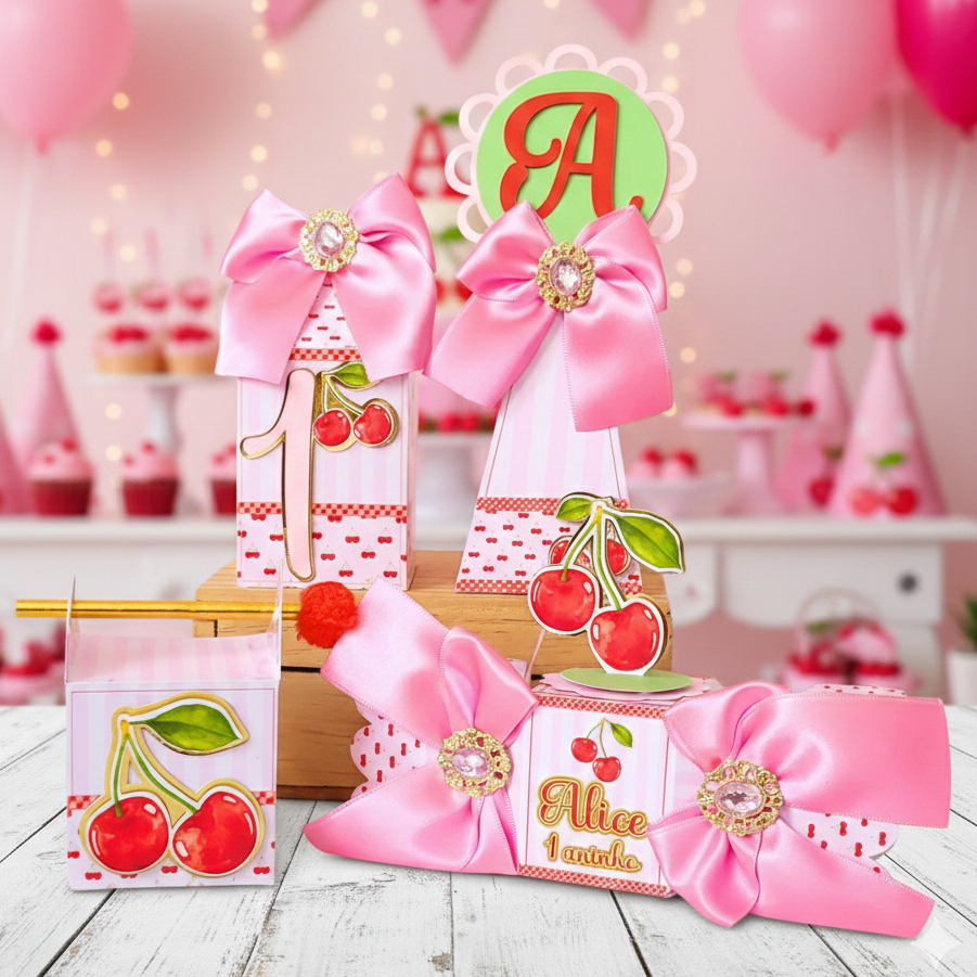 Lembrancinhas de luxo Personalizada Cerejinha/Cereja Rosa |Aniversário| Decoração| Festa|Caixas Prontas | 3D