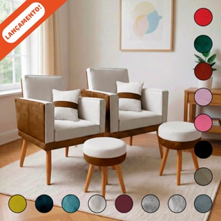 Kit 2 Poltrona Para Sala Decorativa Lis Almofada 2 Puff Redondo Corino Suede em Oferta na Shopee