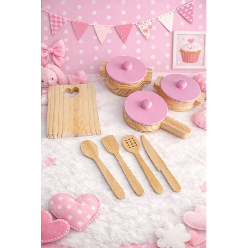 Kit Panelinhas e Utensílios de Cozinha Infantil em Madeira pinus  Educativo criativo jogo de 8 peças
