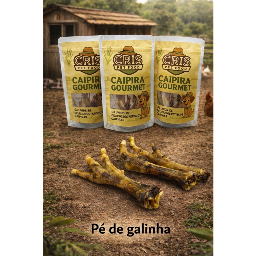 03 Pés de Galinha Cris Pet Caipira Gourmet Desidratado 100% Natural para cachorros e gatos