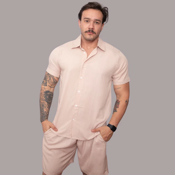 Conjunto Masculino Camisa Slim Social de Botão e Shorts Tactel Mauricinho