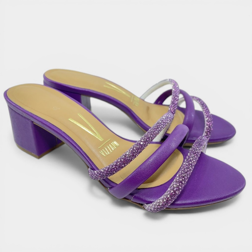 Tamanco Vizzano Strass Meia Cana Salto Bloco - Violeta em Oferta na Shopee