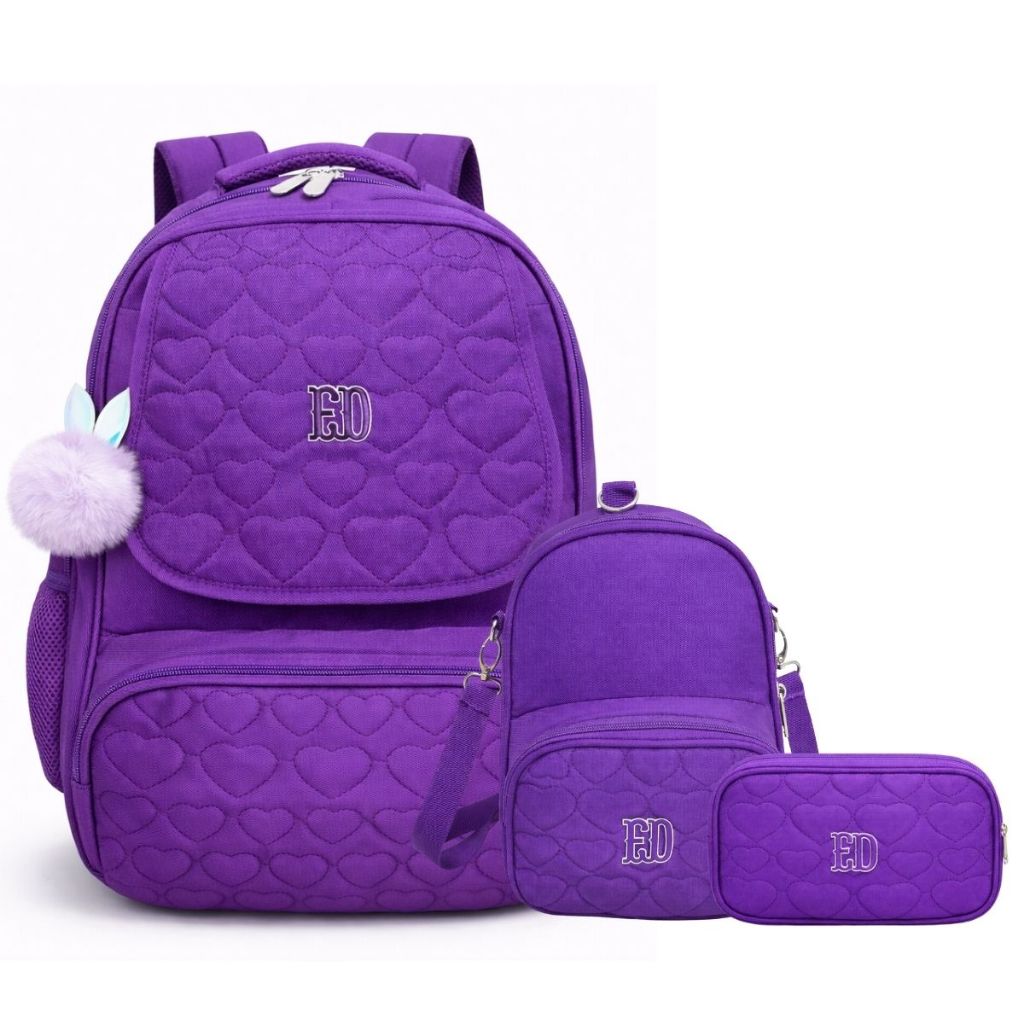 Kit Mochila Escolar Reforçada Feminina 3 Pçs Lancheira Estojo