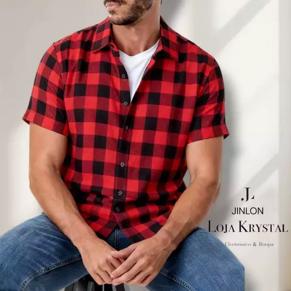 LK ,Camisa Social Estampada xadrez Masculina manga curta festa junina