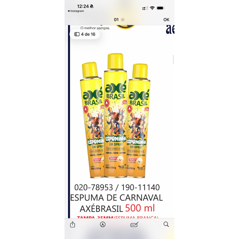 Kit C/72 Espuminha em Spray Axé Brasil 500 ML  (R$9,99 cada)