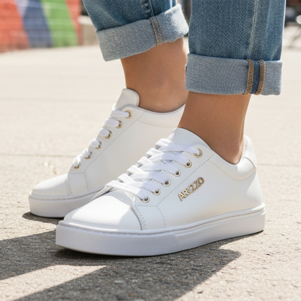 Tênis Feminino Branco Casual em Couro Acabamento com Reforços na Costura Ideal para o Dia a Dia