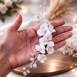 Arranjo de Noiva Cabelo Luiza em Porcelana Fria Arranjo Pente Grinalda Minimalista para Noiva Casamento Flor com Pérolas em Oferta na Shopee