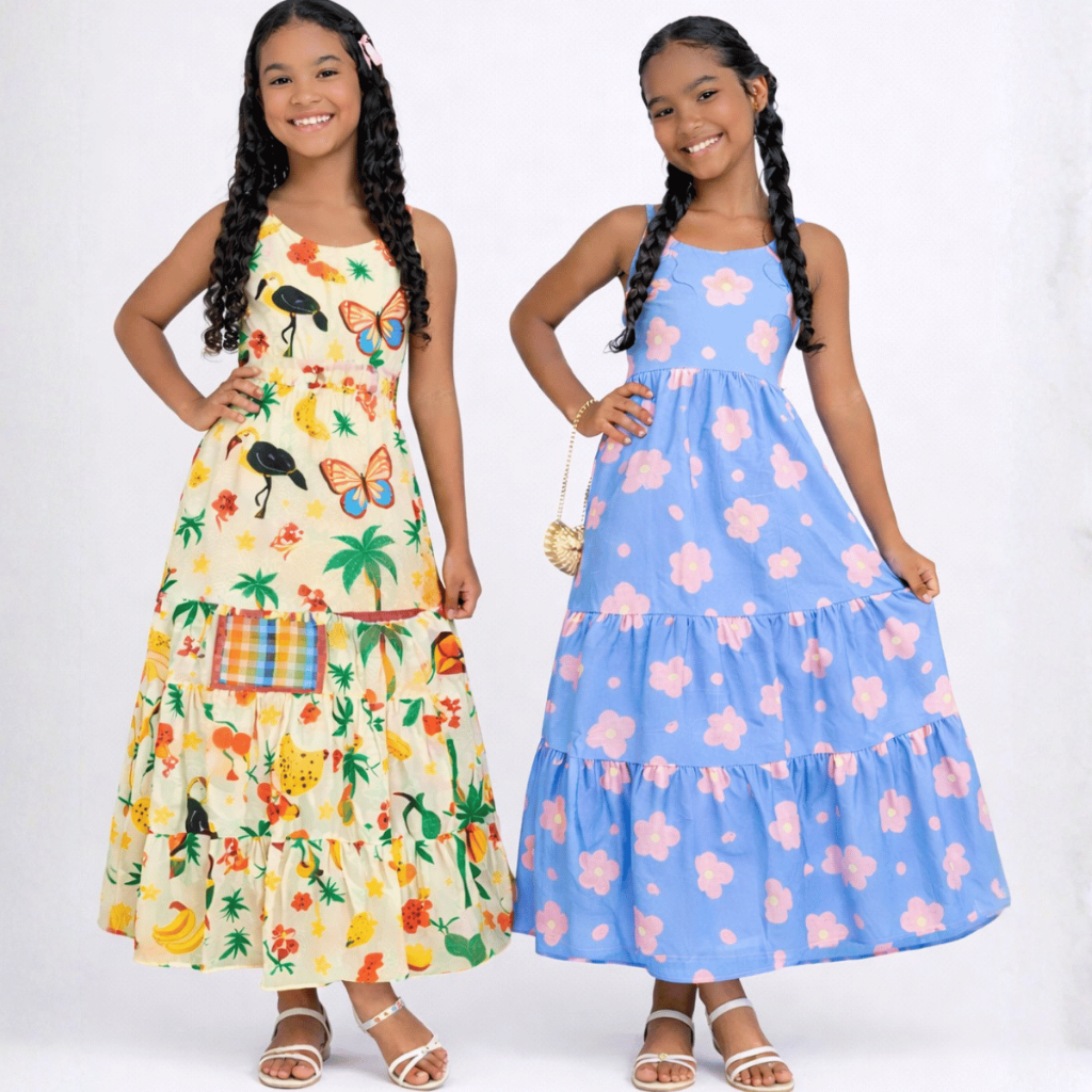 Vestido Infantil Longo Tropical Estampado com Babados Alça Fina Moda Verão 10, 12, 14,16 Anos