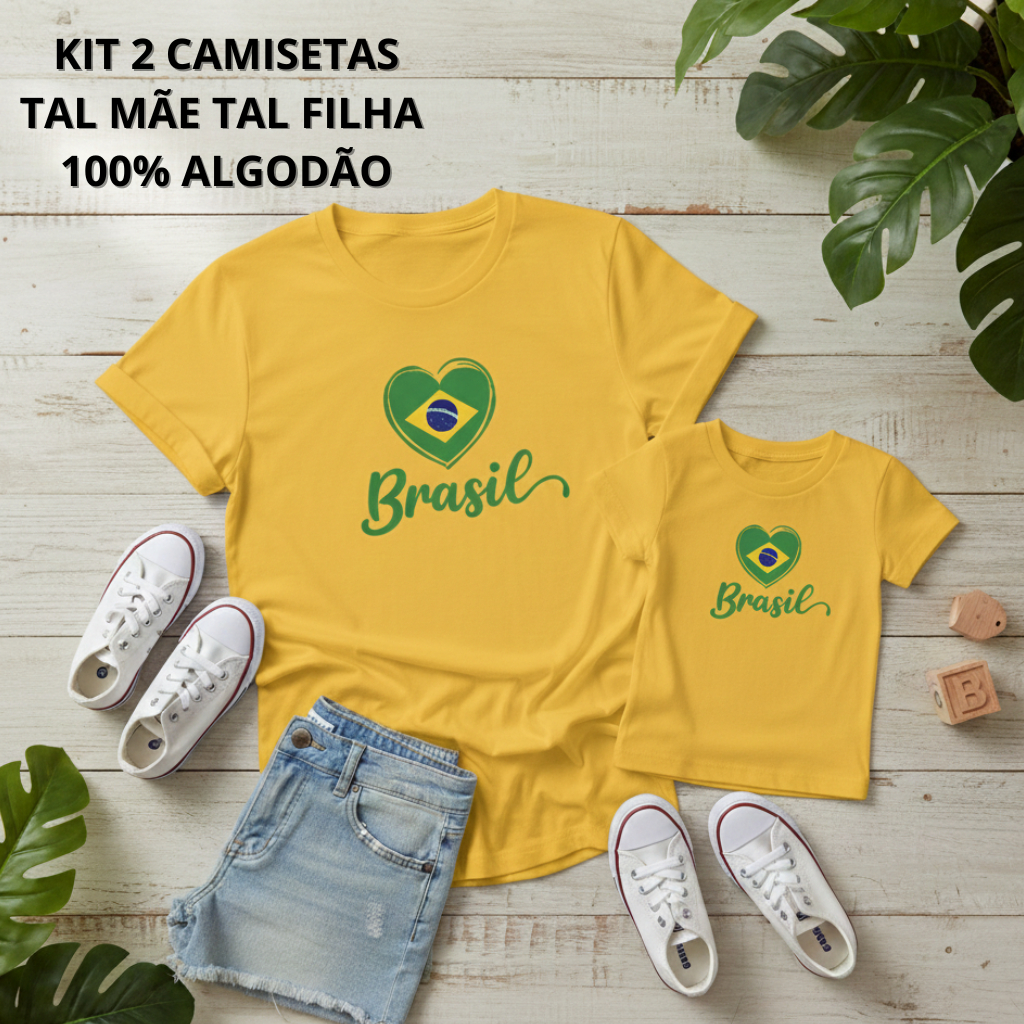 KIT 2 CAMISETAS TAL MÃE TAL FILHA ESTAMPA DO BRASIL ALGODÃO CASUAL DIA A DIA