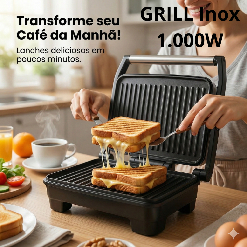 Sanduicheira Elétrica Antiaderente 127V ou 220V | Grill Potente | Inox | 1000W | Preparação Rápida |  Compacta | Grelha