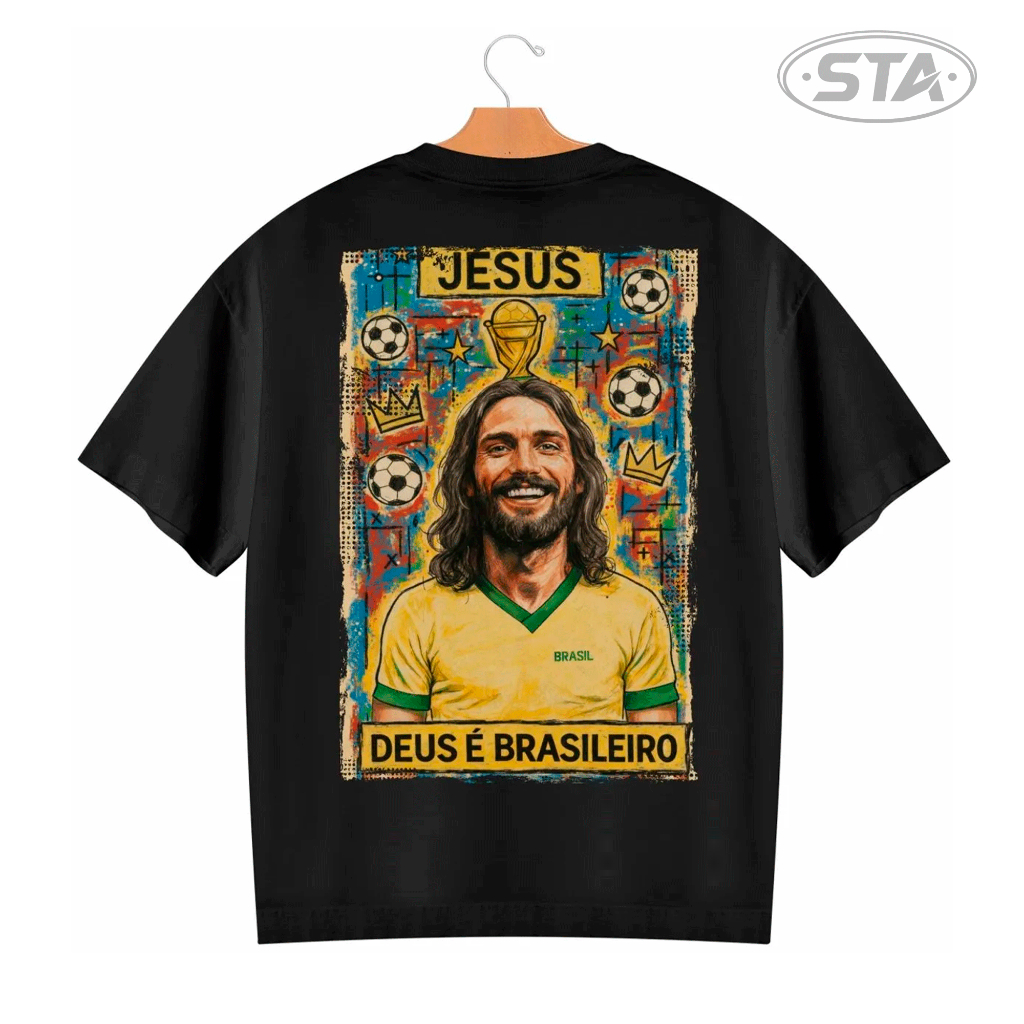 Camiseta Jesus Oversized Deus É Brasileiro Futebol Copa Do Mundo Brasil Lenda 100% Algodão Premium