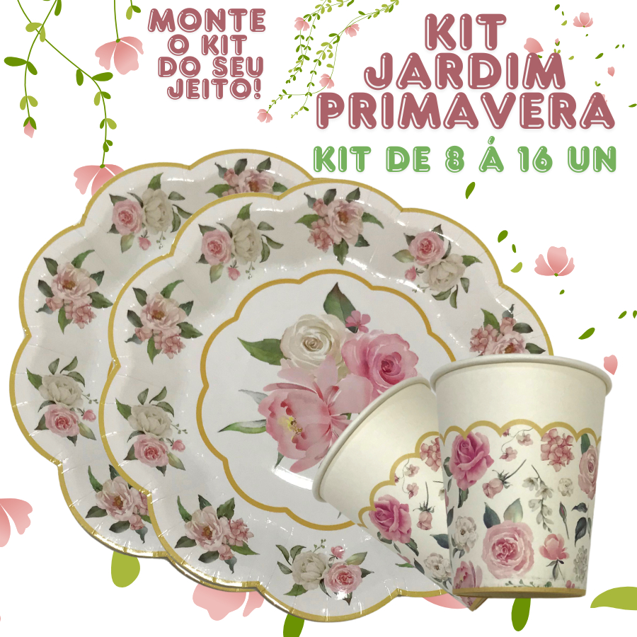 Kit Prato e Copo 8/16 cada Descartável Floral Jardim de Primavera 