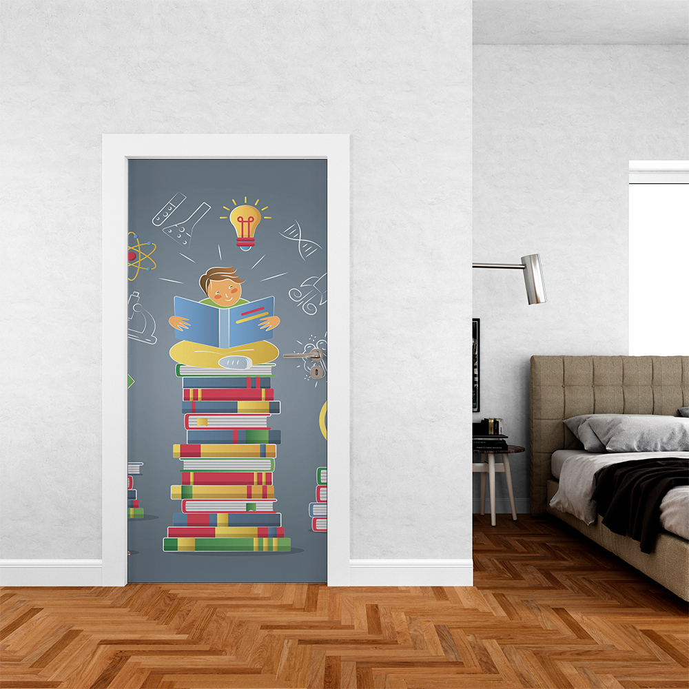 Capa De Portas Decorativa em Tecido Helanca 85x210cm Modelo Veste Fácil Temas Escolar Alunos Livros.