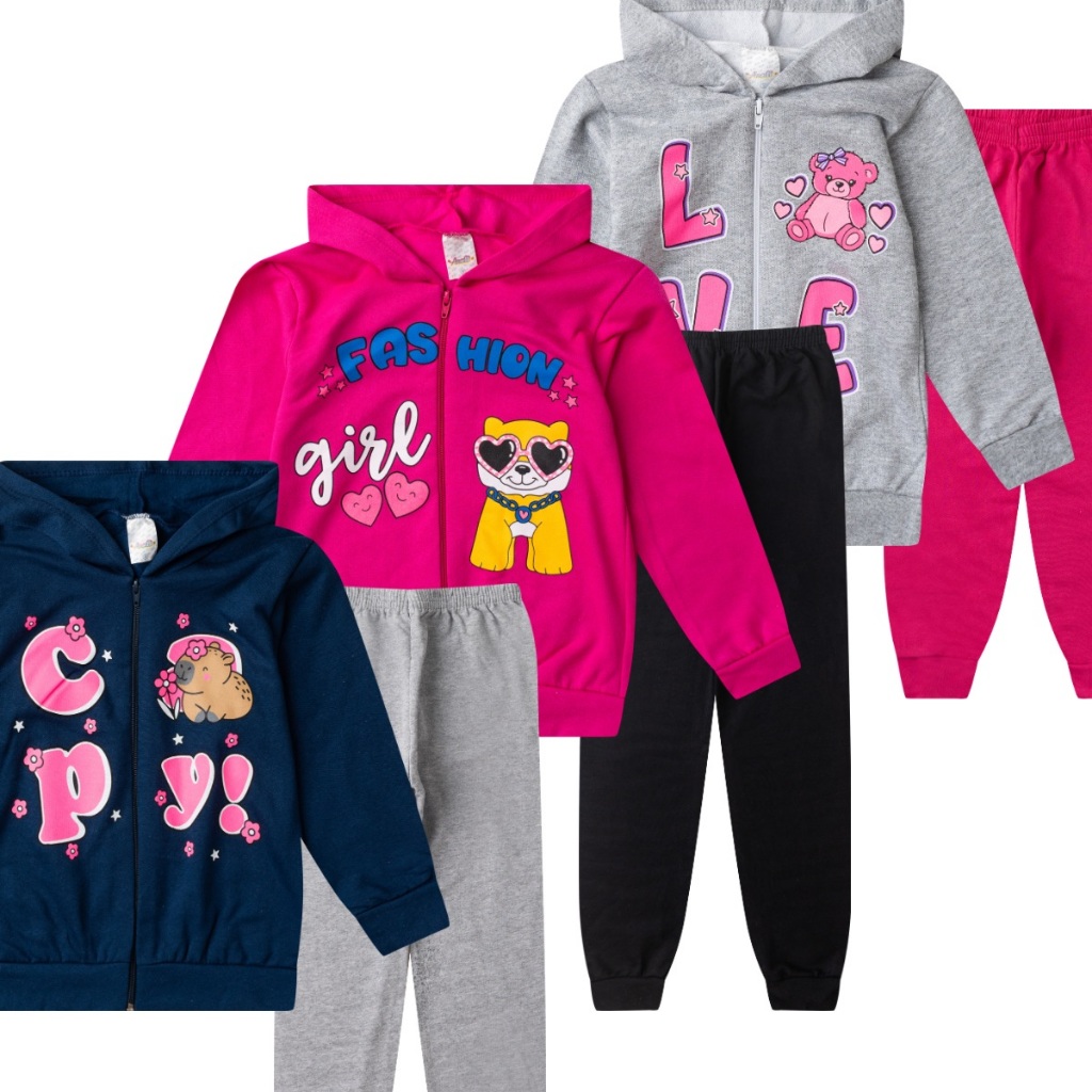 Kit 3 Casaco Moletom com Capuz e Calça Feminina Infantil