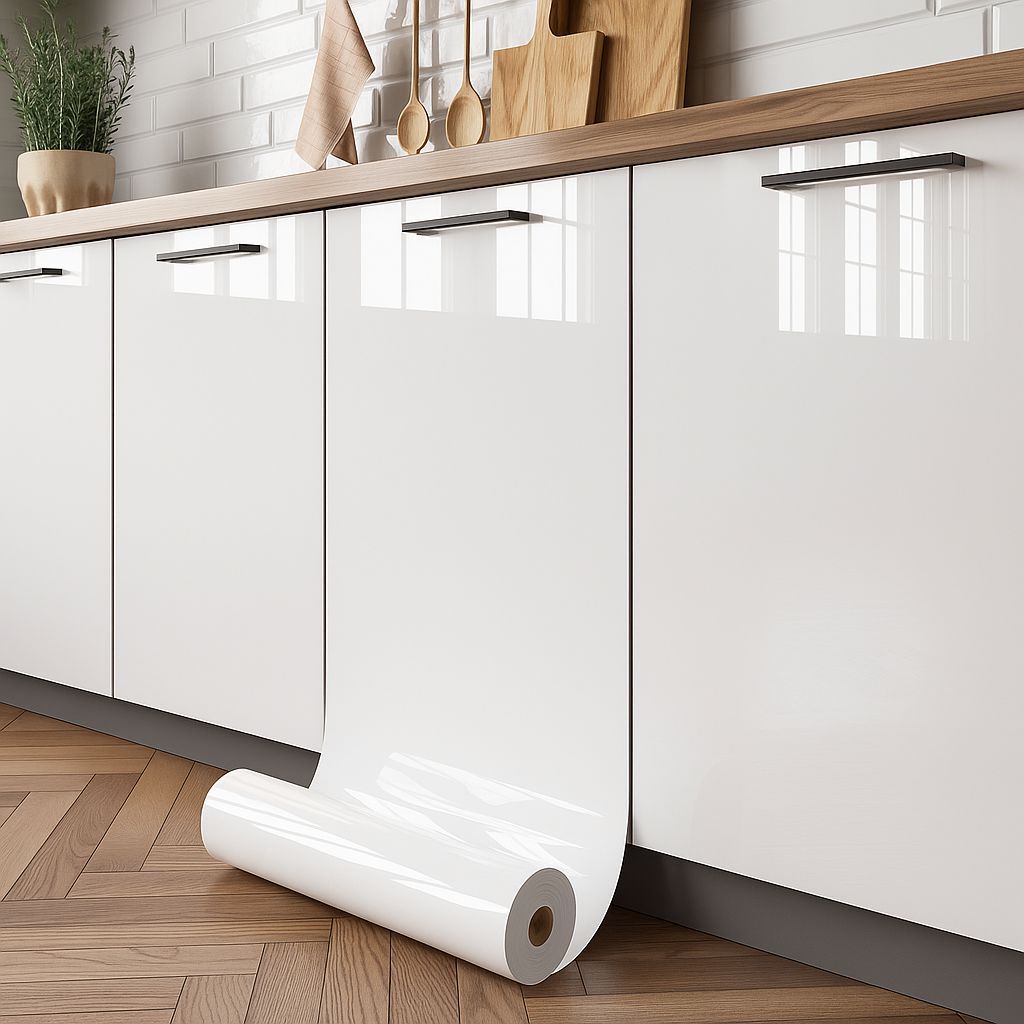 Imagem Papel De Parede Branco Adesivo Vinílico Impermeável Para Envelopamento de Geladeira e Móveis Corte Fácil Lavável