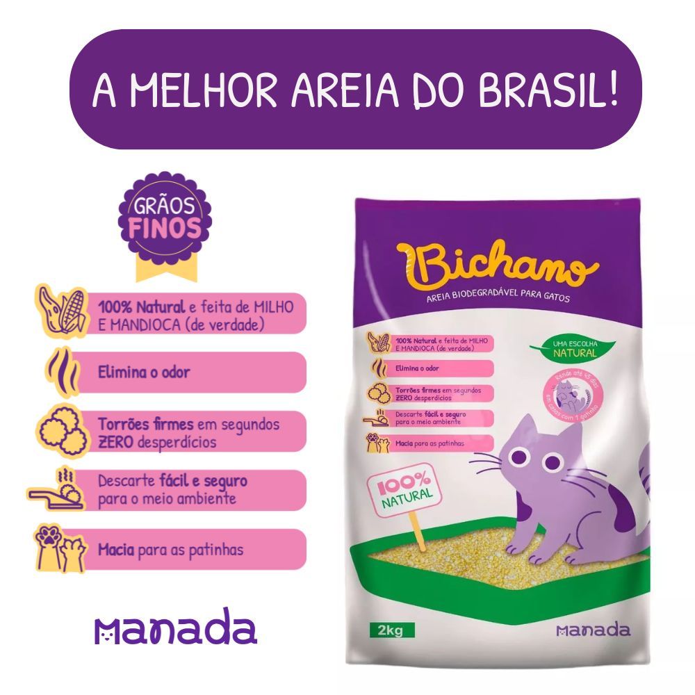 Areia Biodegradável Bichano Para Gatos Cat Grãos Finos 2kg Bio Milho e Mandioca Grão Fino Manada em Oferta na Shopee