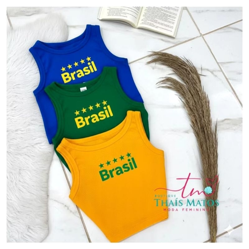 Uma Camiseta Regata Top Cropped Brasil Copa do Mundo Canelada Premium Cores Vivas Verão