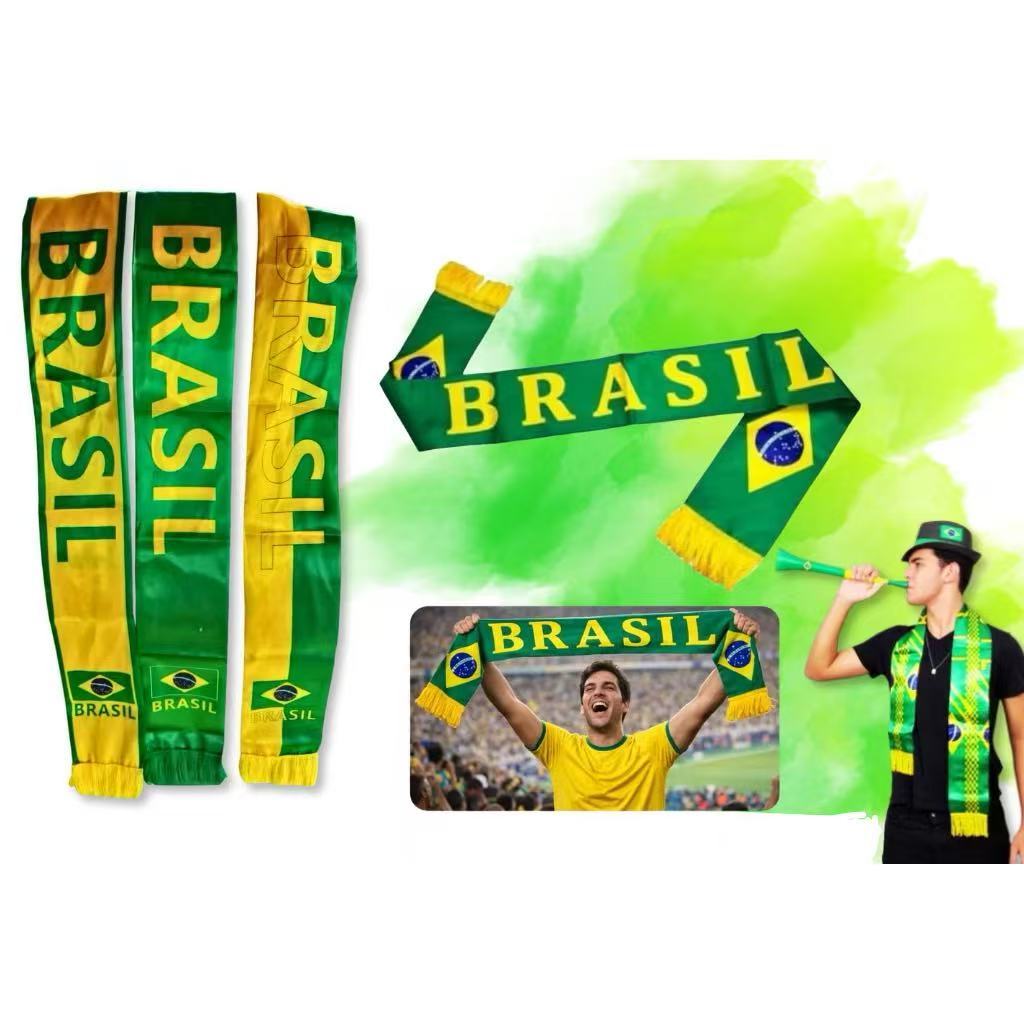 Kit-6/3/1 Cachecol Lenço do Brasil de Poliéster Cetim Faixa do Brasil Verde e Amarelo Torcida