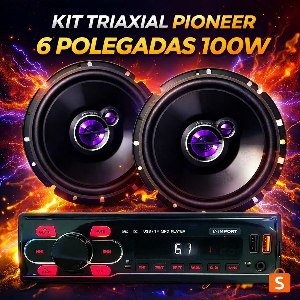 Kit de 2 Alto Falantes Pioneer e Radio Mp3 Ciano Bluetooth USB Sd Card 4x25w Completo