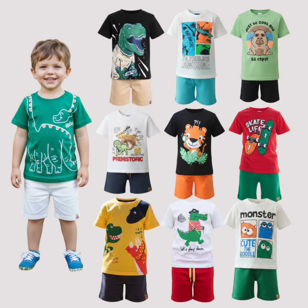 kit 4 Conjunto Infantil Masculino Verão – 4 Camiseta + 4 Bermuda – Sortida e Confortável