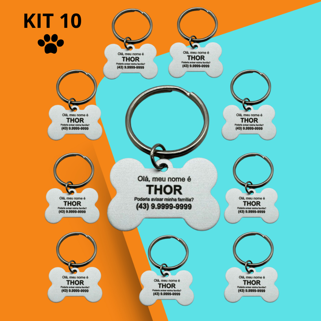 Kit com 10 Plaquinhas Pet Personalizadas Tag Identificação Cachorro Nome e Telefone Gatos Pet Shop Atacado Comercio