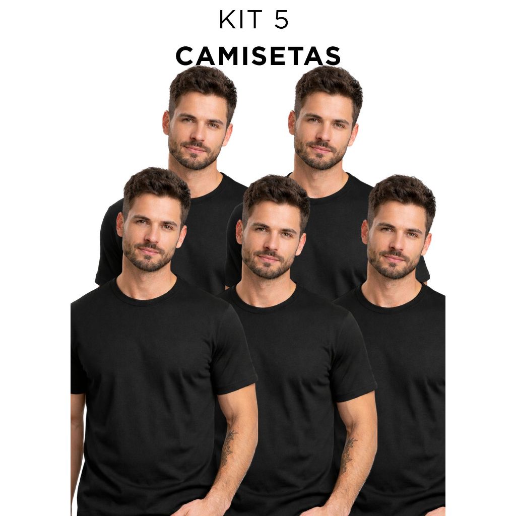 Kit 5 Camisetas Masculinas Básicas Lisa Branca ou Preta 100% Algodão
