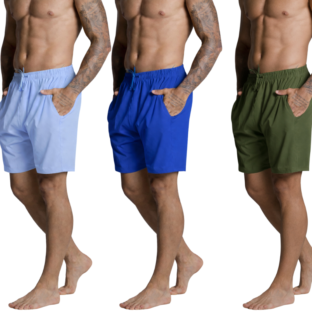 Shorts Tactel Kit 3 Basico Casual Liso Leve Esportivo Ideal Academia Futebol Piscina Com Elastano