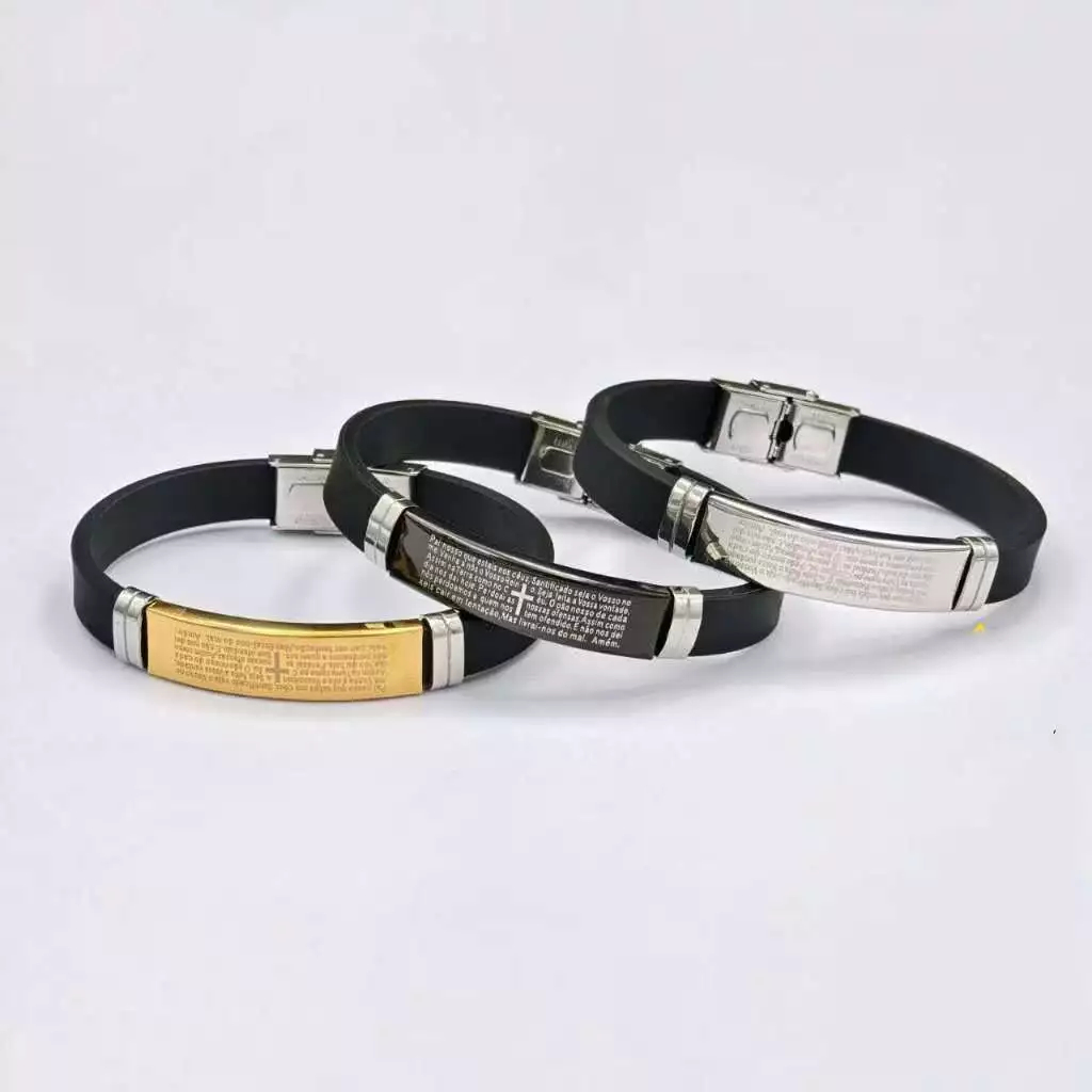 Kit até 12 Pulseira masculina ajustavel Pai nosso Borracha resistente Prata/ Dourado