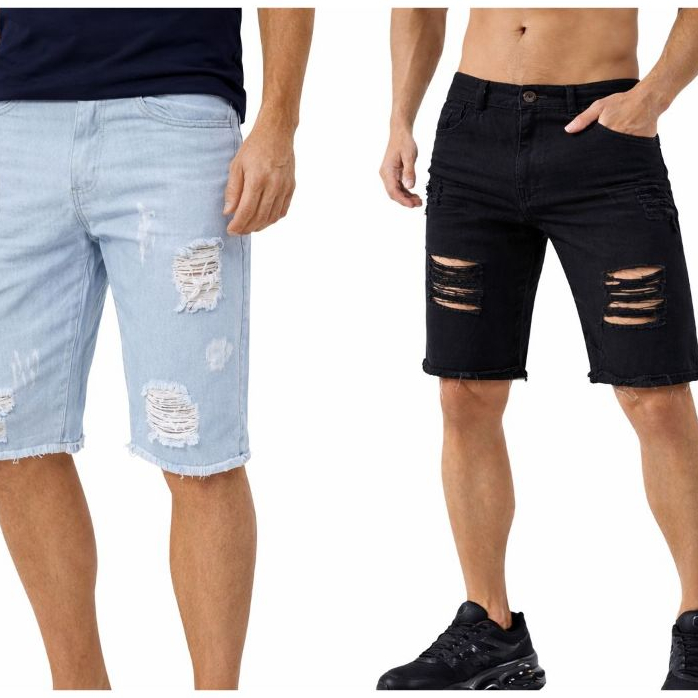 Kit 2 Bermuda Rasgada Short Slim Fit Jeans Destroyed Várias Cores Moda Masculina