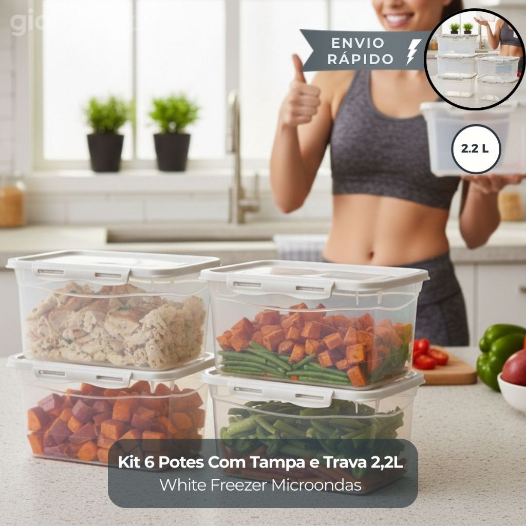 Imagem Kit 6 Potes Com Tampa e Trava 2,2L Alto Off White Freezer E Microondas Marmitas Fitness Giotto